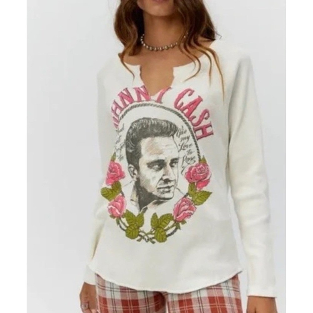 Daydreamer Johnny Cash Give My Love To Rose‎ Waffle Knit Thermal Top White Small